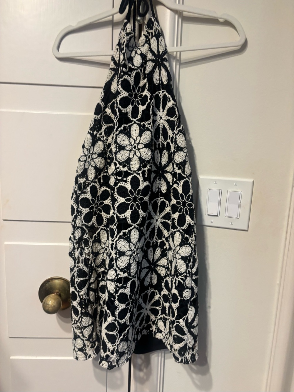 Ramy Brook Black and White Floral Crochet Curtain Panel